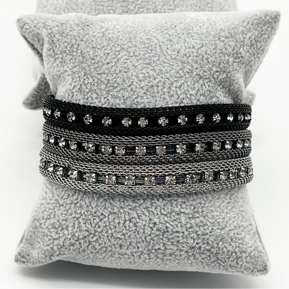 Silver Gray Black Tone Mesh Clear Rhinestone 3 Strand Cuff Statement Bracelet 7” - Picture 1 of 9